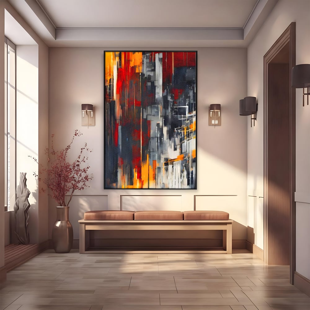 Tablou canvas cu pictura abstracta verticala cu linii urbane, in rama de aluminiu negru